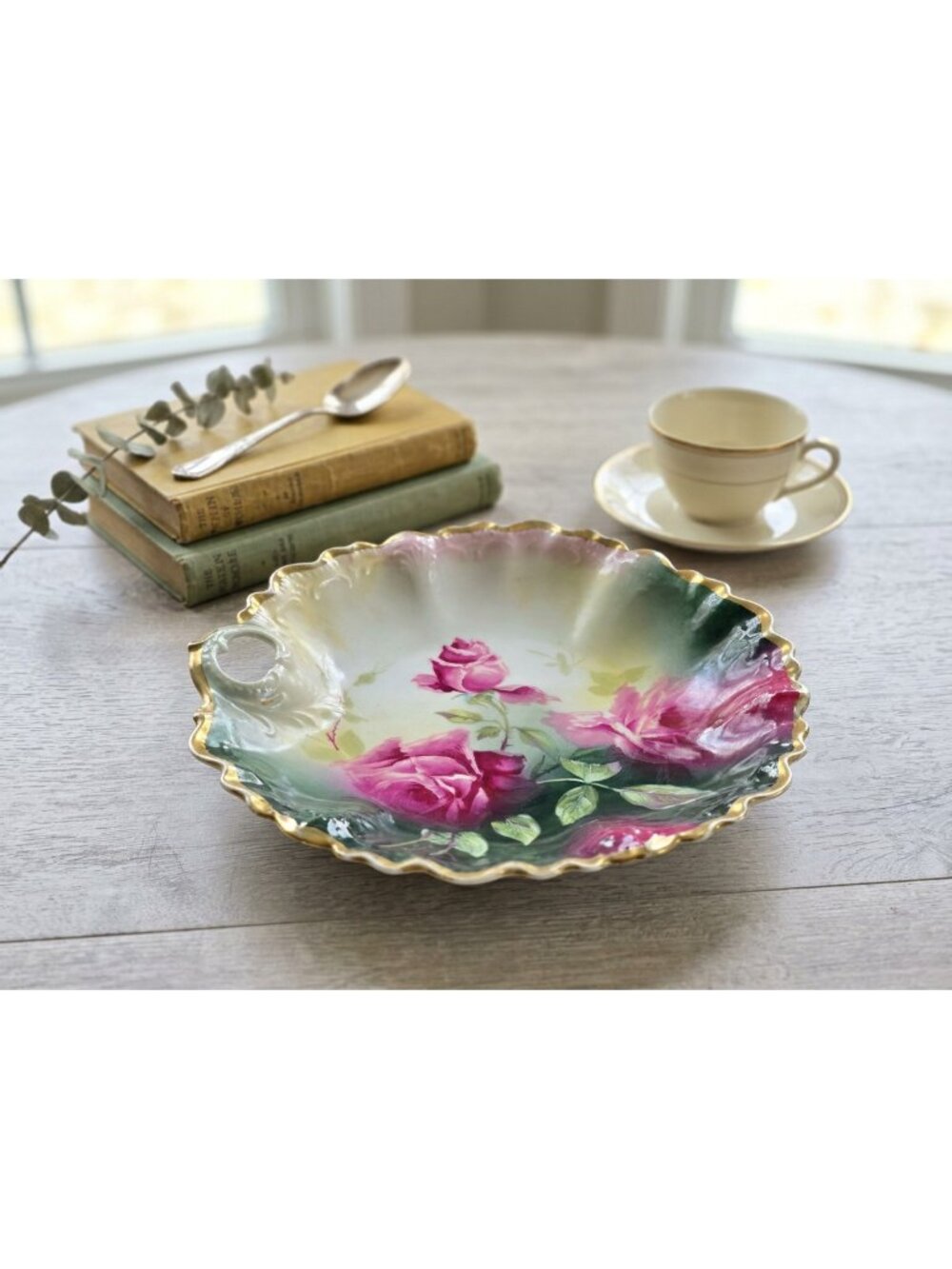 Vintage Porcelain Serving Bowl Hand Painted Scalloped Edge Roses Gold Edges 10"